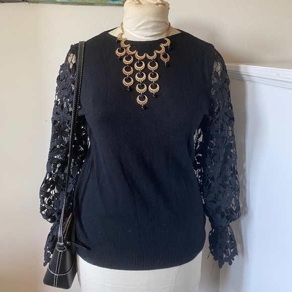 Gioni Milano Knit Crew Neck Sheer Lace Long Sleeve Pullover Sweater - Picture 2 of 6